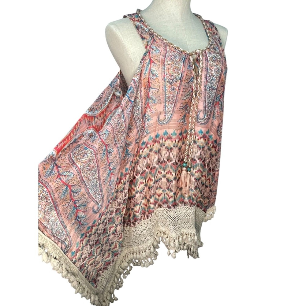 Casting Paris Tunic Top Large Pink Paisley Crochet Fringe L Coverup